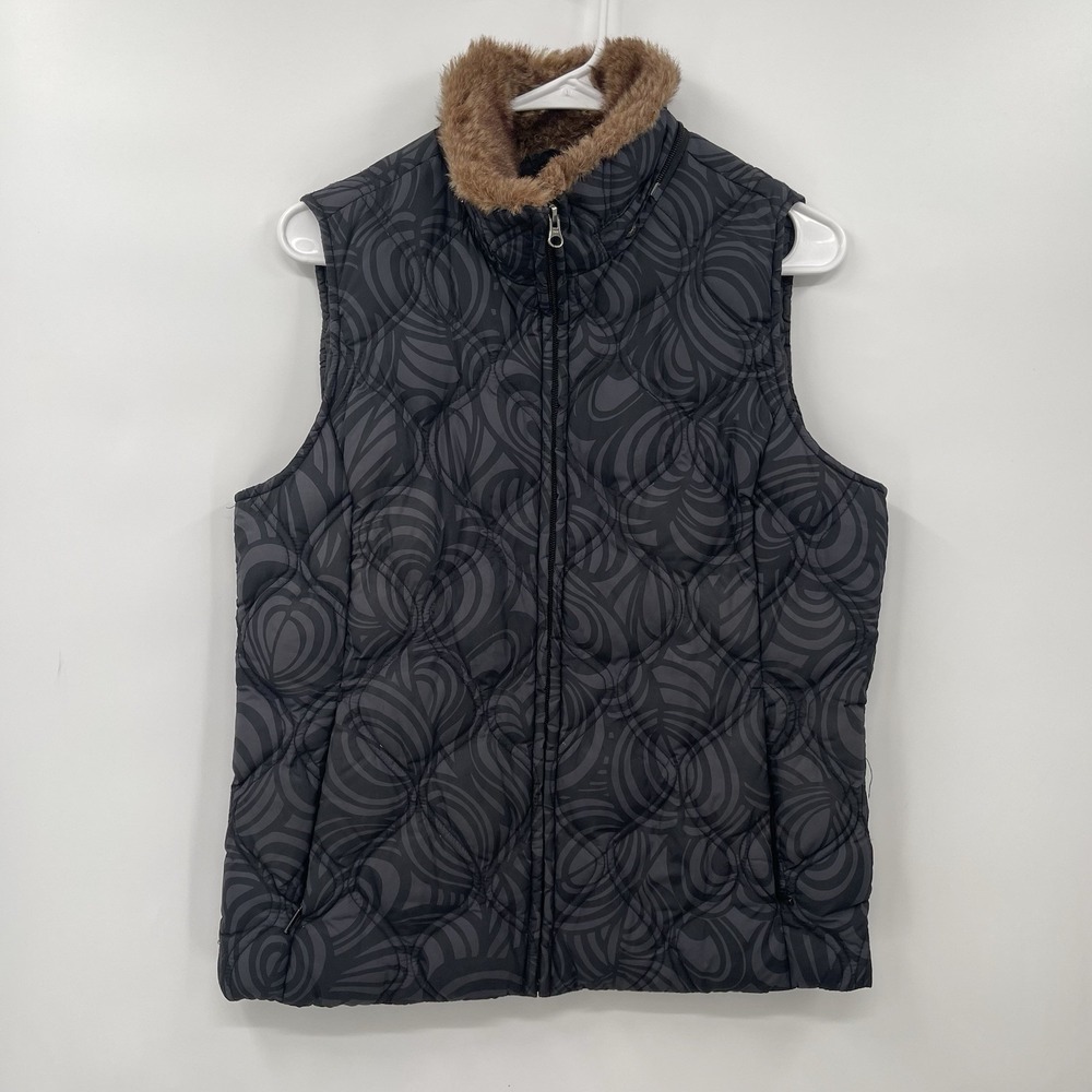 Eddie‎ Bauer Goose Down Puffer Vest Womens Black Gray Geo Print Zip Up Small